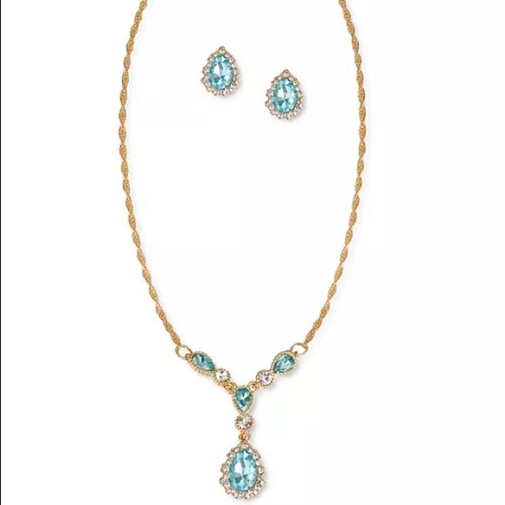 NIB Charter Club Crystal Pear-Shape Halo Lariat Necklace & Stud Earrings Set